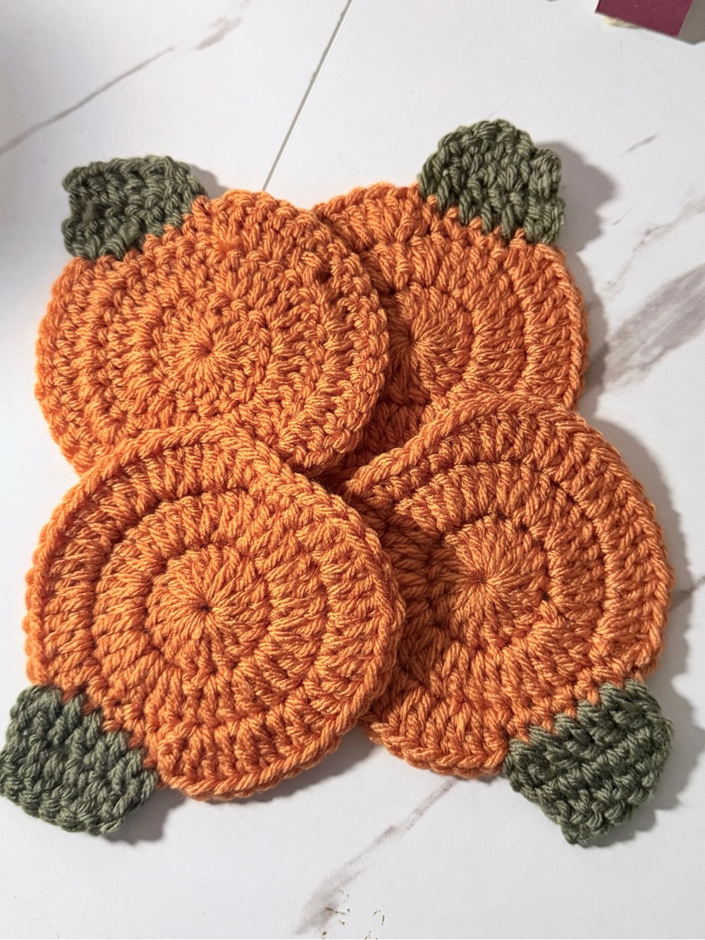 Handmade Set Of 4 Orange Crochet Pumpkin Coasters